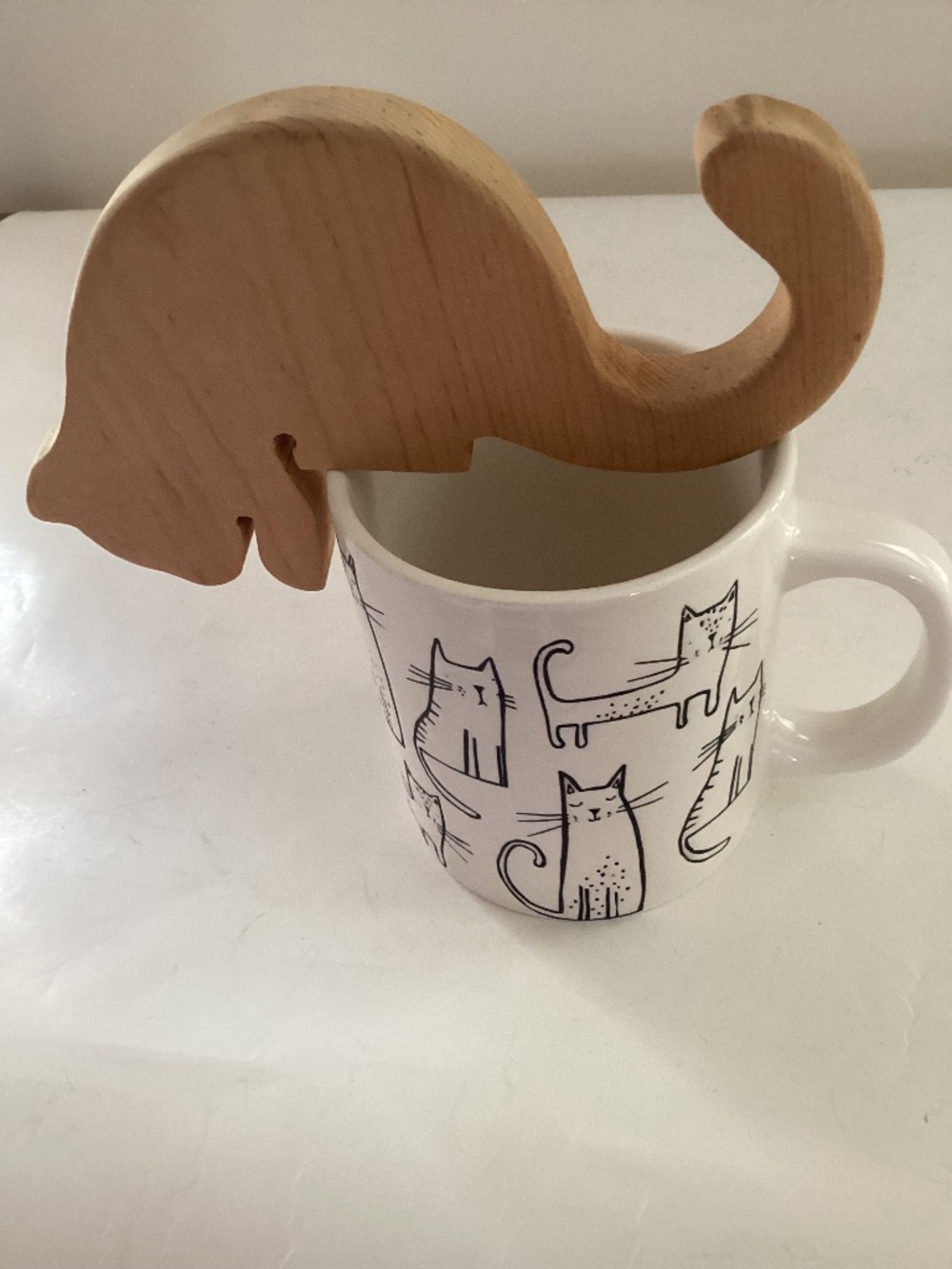 Black and White Ceramic Cat Sketch Mug plus Wood Cat Shelf Sitter